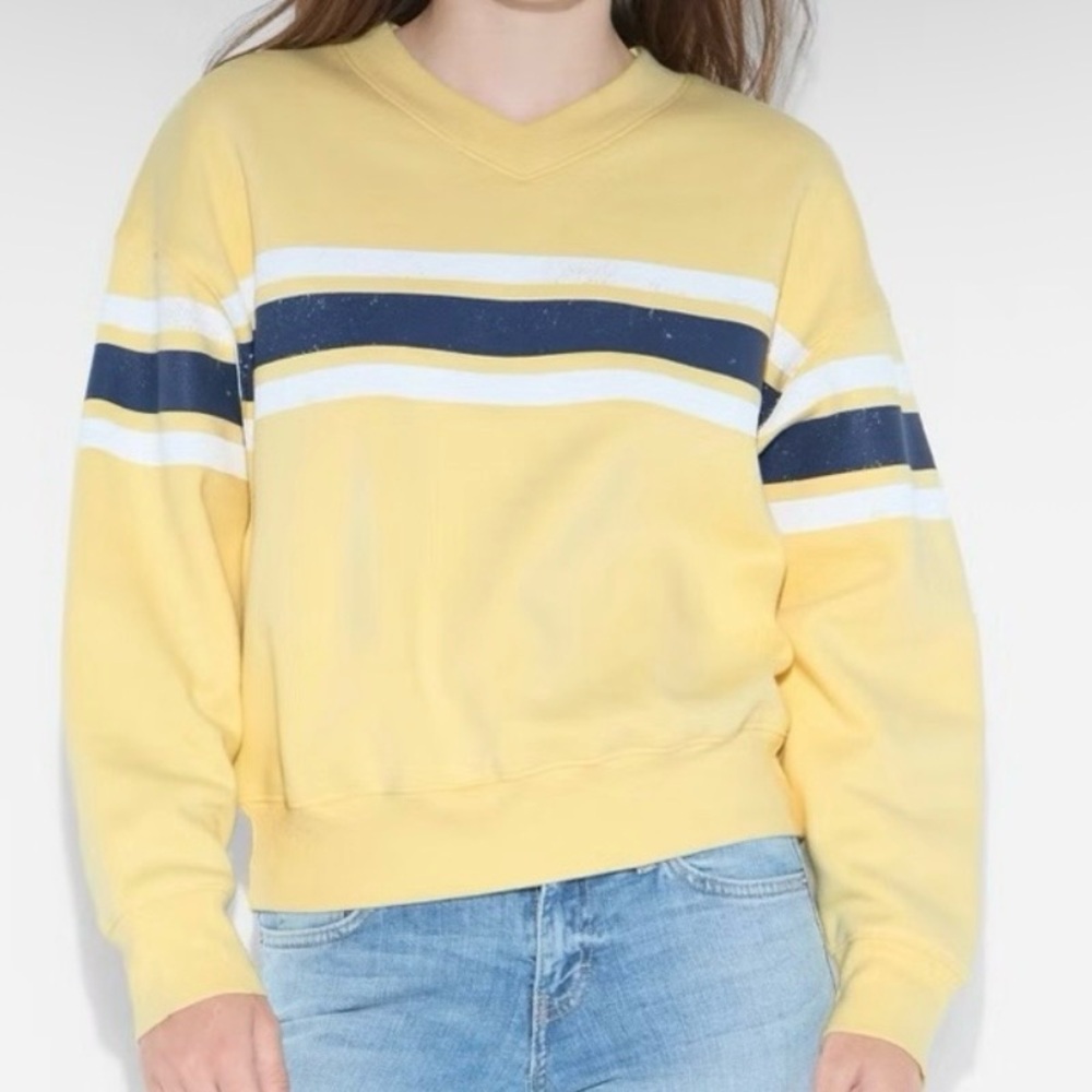 Yellow & Blue Striped Women's Preppy Fleece Pullover Sweater